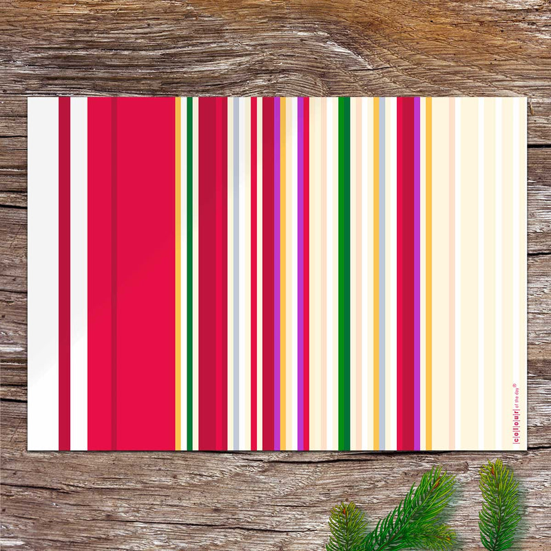 Tischset Colourful Celebration, gestreiftes Design, Rückseite in Rot, praktischer Abreißblock.